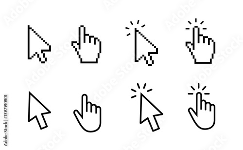 Computer mouse cursor icon set with arrows, hand pointers, click effects, and loading symbols. Perfect for UI, web design, and digital apps. Vector illustration.