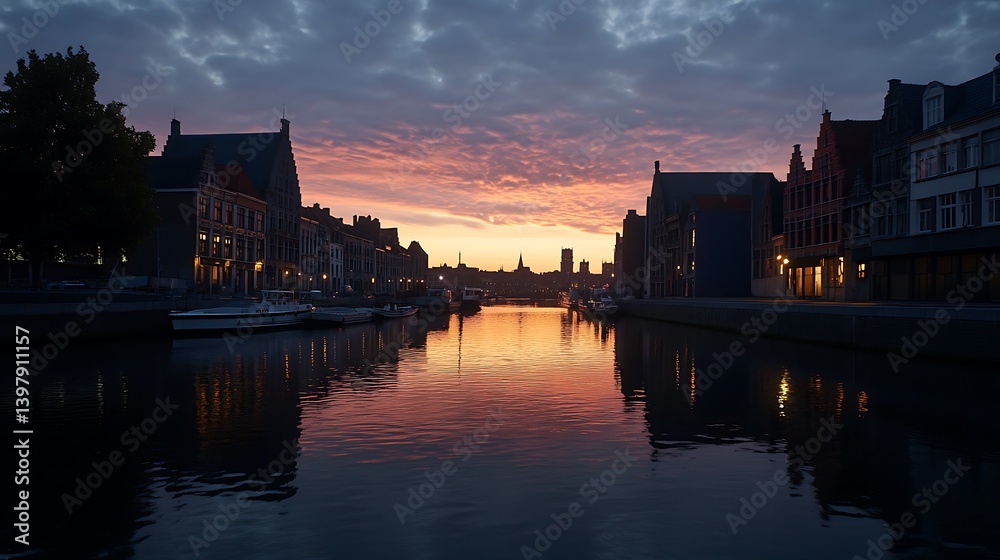 Obraz premium Enchanting Sunrise over Dutch Canal with Medieval Cityscape.