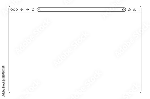 Empty browser mockup outline for showcasing websites. Minimal internet page concept for desktop view. Line style isolated browser window for UI display.