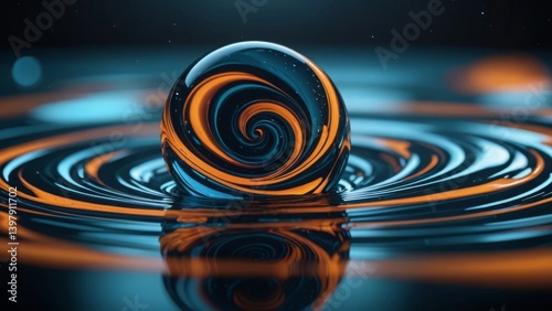 Spiral droplet in orange and teal shades, forming a mesmerizing ripple on water
