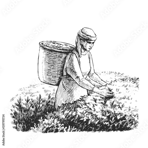 Vector hand-drawn illustration of a woman tea picker in the field. Sketch of the tea leaf harvesting process.
