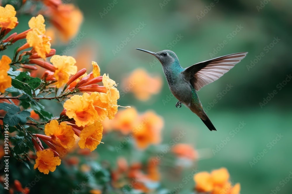Obraz premium A close-up of the rare parrot's beak flower with bright orange and yellow blossoms. A hummingbird hovers in the air while drinking nectar