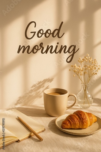Warm Morning With Coffee, Croissant, and a Notebook on a Table