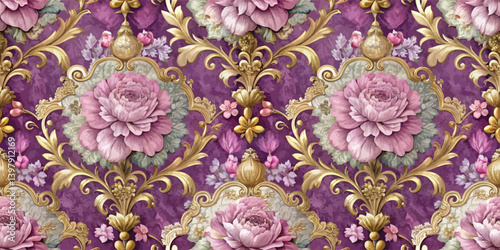 Elegant vintage floral wallpaper with pink roses on a rich purple background.