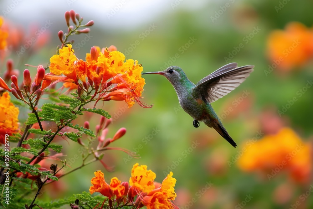Naklejka premium A close-up of the rare parrot's beak flower with bright orange and yellow blossoms. A hummingbird hovers in the air while drinking nectar