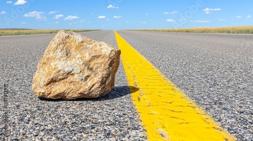 A large rock sits on a deserted highway with a yellow line