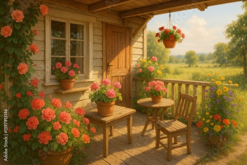 Vibrant Flowers Adorn a Cozy Porch in a Sunny Countryside Setting With Bloomi...