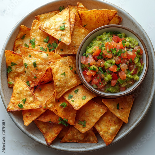 A vibrant platter of golden tortilla chips served with fresh salsa, perfect for sharing.