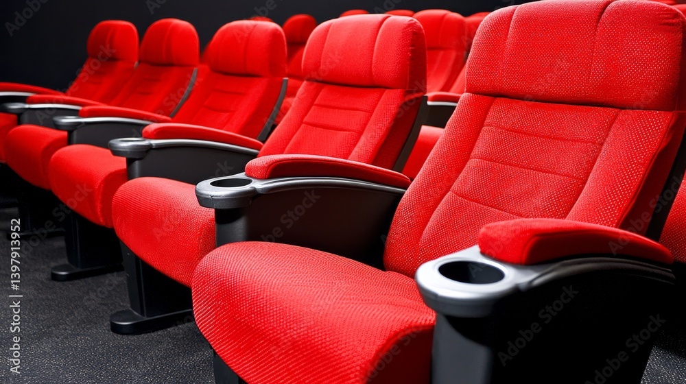 Obraz premium Comfortable red cinema seats arranged in a modern movie theater