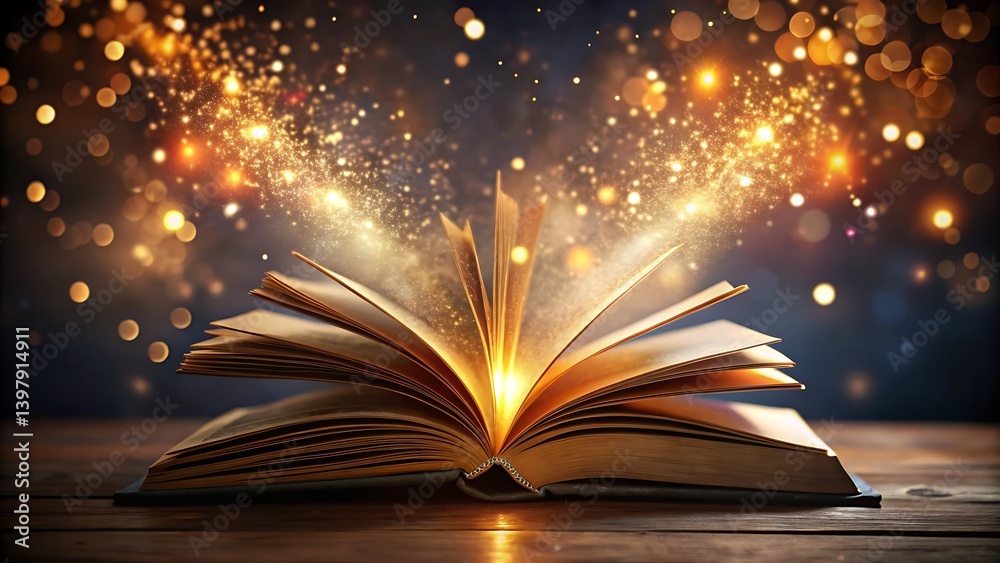 An open book with glowing light emanating from its pages against a bokeh background scene An open book with glowing light emanating from its pages against a bokeh background scene