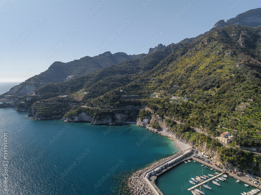 Aerial view of Mediterranean sea along the Amalfi coast, Maiori, Salerno, Campania, Italy. Aerial view of Mediterranean sea along the Amalfi coast, Maiori, Salerno, Campania, Italy.