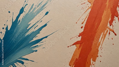 Contrasting blue and orange paint splashes on canvas, forming a bold abstract composition