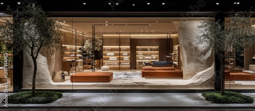 A modern storefront showcasing retail products with trees outside