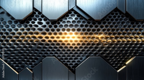 abstract metallic surface with circular perforation and strategic lighting creating a sense of depth and technological advancement ambiance