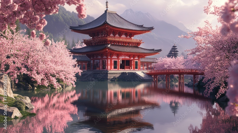 Obraz premium Majestic Japanese Temple Reflected in Calm Waters Surrounded by Cherry Blossoms