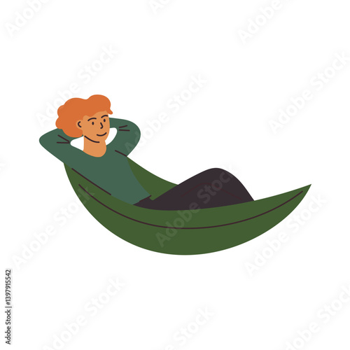 Person lying back and relaxing in green hammock.