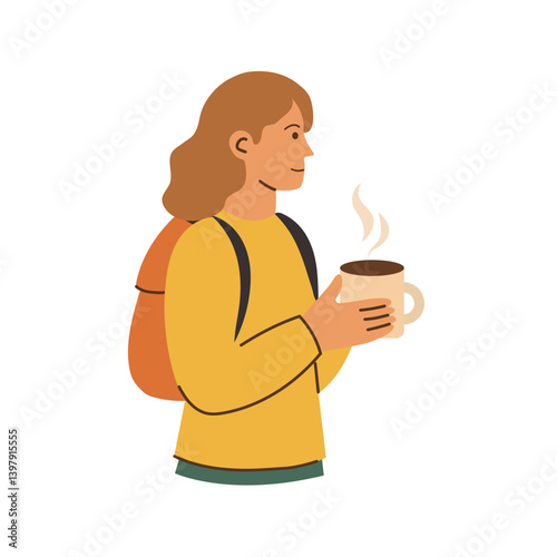 Smiling girl with backpack holding a cup of coffee.