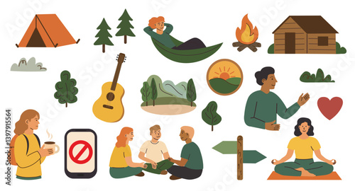 Set of adult camping icons with nature elements.