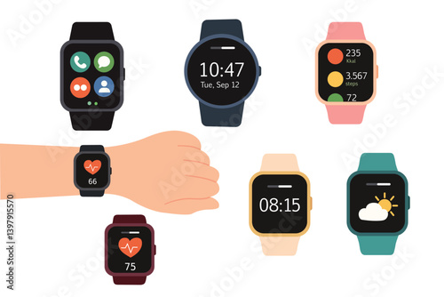 Colorful smartwatches with screen displays. photo