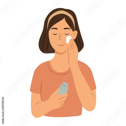 Woman applying skincare with cotton pad.
