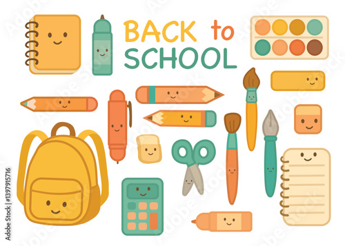 Colorful school supplies with text 