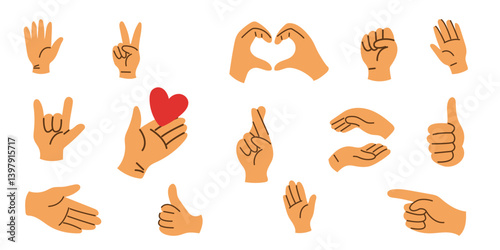 Collection of diverse hand gestures in flat design.