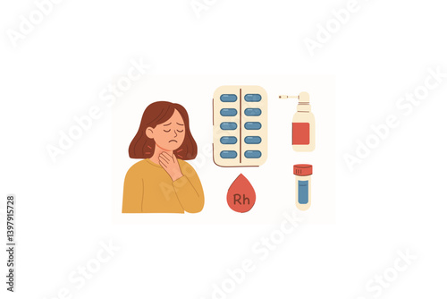 Woman feeling unwell with sore throat and medicine icons.