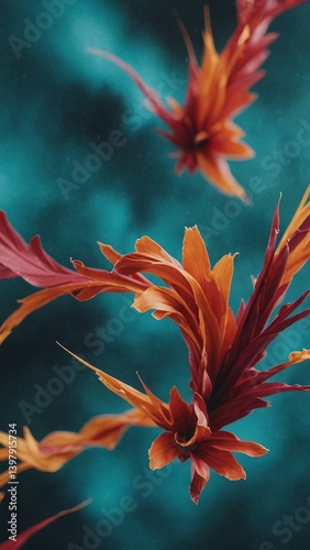 Vibrant orange and red abstract feathers floating against a teal background