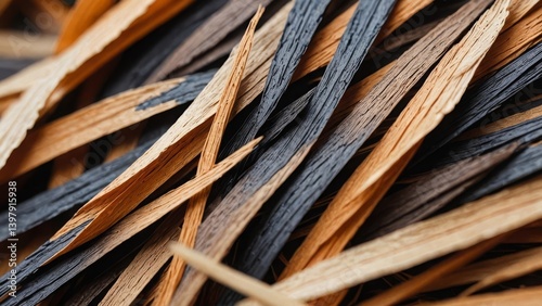 Close-up of wooden strips in natural hues, forming an intricate and textured pattern