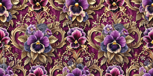 Elegant floral pattern with vibrant purple pansies on a rich burgundy background.