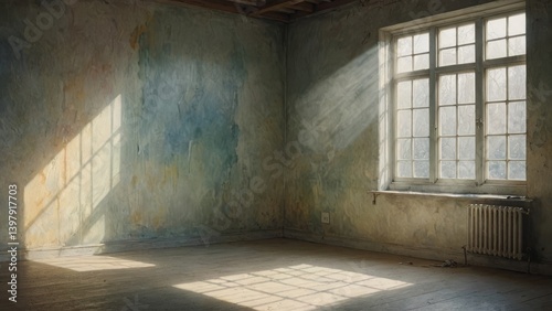 Sunlight streaming into an empty, rustic room, creating a serene and nostalgic atmosphere