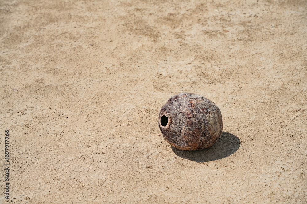 Fallen coconut on an empty beach
