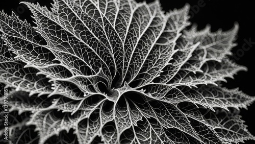 Intricate black and white fractal resembling detailed, abstract foliage