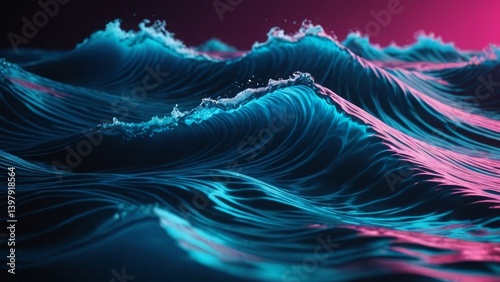 Neon waves in vibrant blue and pink, creating a dynamic and futuristic seascape