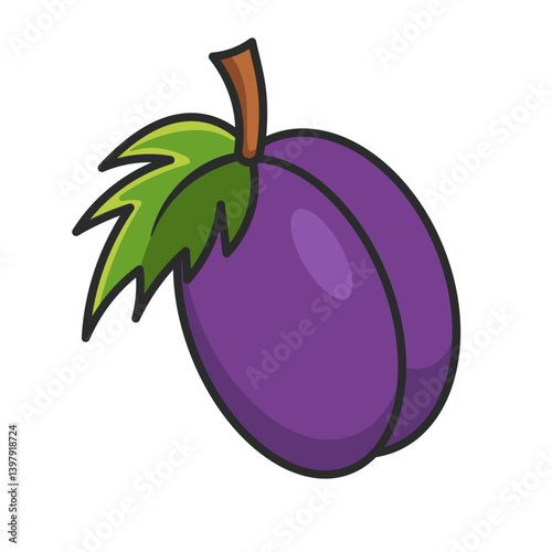 Purple plum with leaf. Illustration in the cartoon style