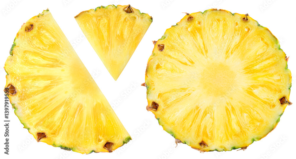 Fototapeta premium Pineapple isolated png. Pineapple slice on transparent background. Cut pineapple no background top view. Round pineapple slice and piece transparent png. Full depth of field.