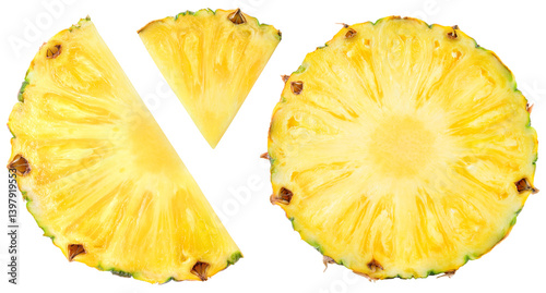 Pineapple isolated png. Pineapple slice on transparent background. Cut pineapple no background top view. Round pineapple slice and piece transparent png. Full depth of field.