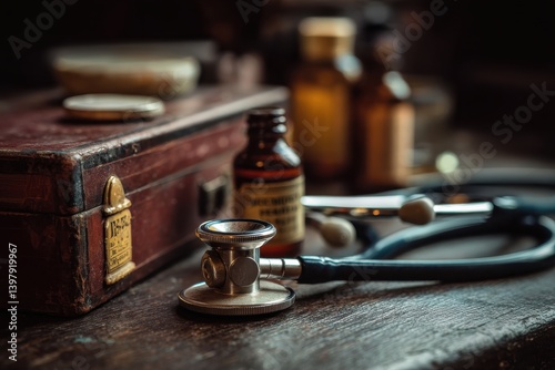 Vintage medical tools on wooden surface.