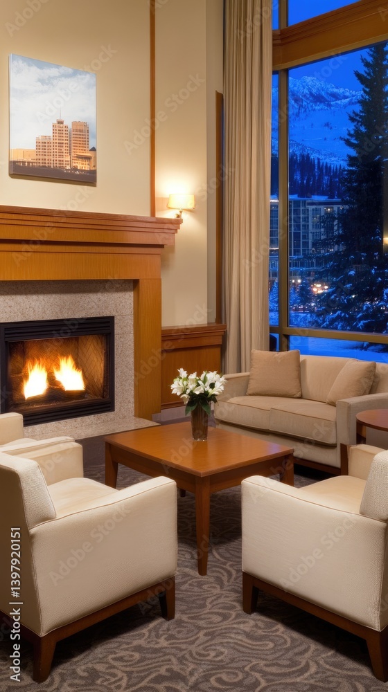 Naklejka premium Modern hotel lobby featuring large windows and elegant fireplace for luxurious relaxation