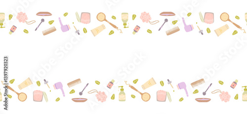 Skincare products seamless border. Repeated background. Vector beauty clip art.