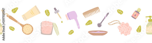 Skincare products seamless border. Repeated background. Vector beauty clip art.