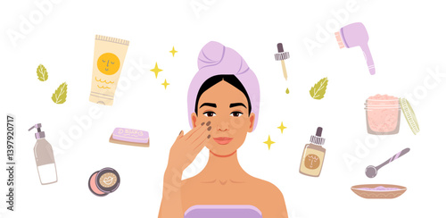 Woman with towel on head making face care procedures. Morning routine. Vector illustration.