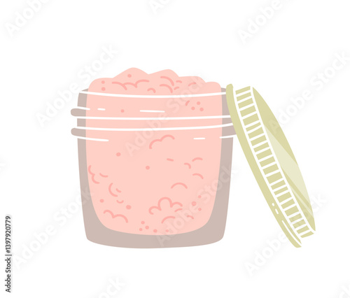 Body scrub in a glass bottle with metal lid. Open beauty product. Vector illustration.