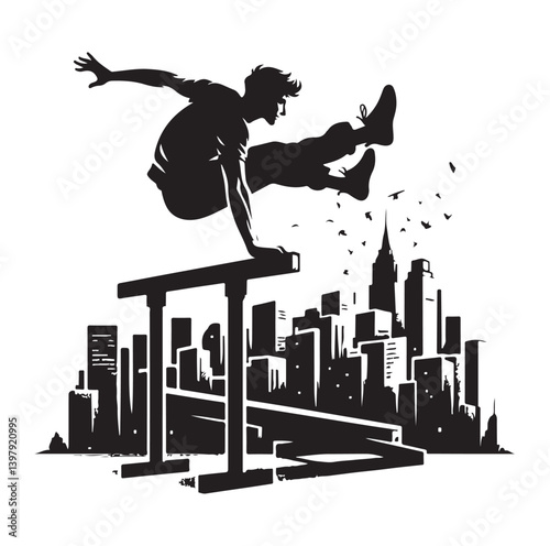 Silhouettes of parkour sports player vector.