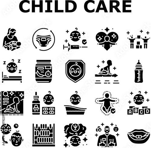 child care nurse pediatric icons set vector