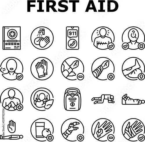 first aid providing cpr bandage icons set vector
