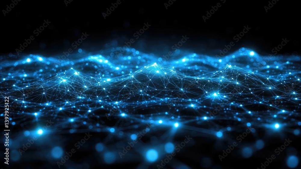 Abstract blue network of connected glowing dots forms digital web on a dark background Abstract blue network of connected glowing dots forms digital web on a dark background