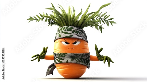 Angry cartoon carrot with headband.
