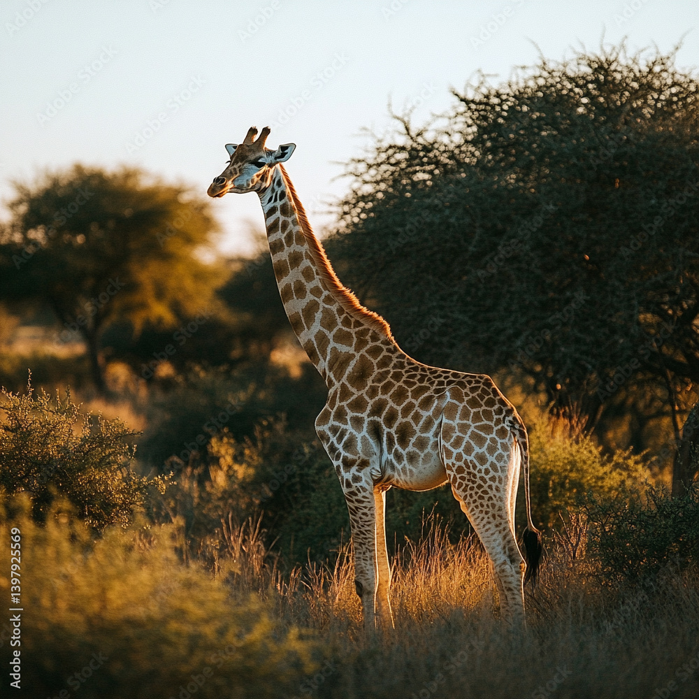 Obraz premium Giraffe walking through savanna at sunset in Africa