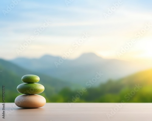 Tranquil Stacked Stones with Serene Nature Background at Sunrise
